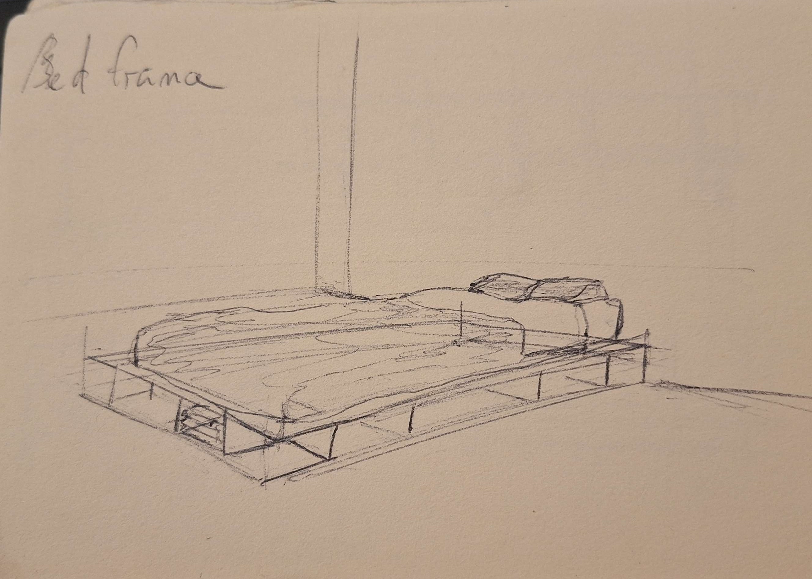 Axonometric sketch of the full bed frame with mattress in place